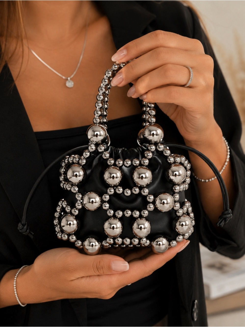 NWT Silver Beaded Mini Handbag Black Faux Leather Evening Bag 8” x 11”